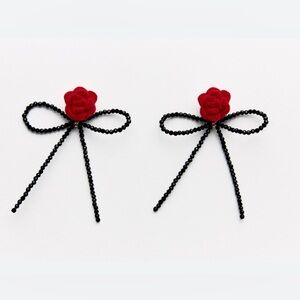 Zara Beaded Flower Earrings in black with red velvet flower appliqué